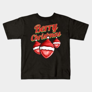 Strawberry With Santas Hat Celebrating Berry Merry Christmas Kids T-Shirt